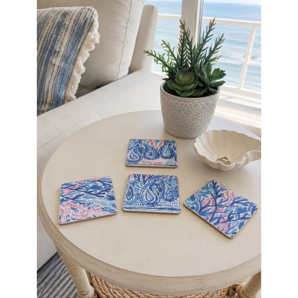 Set Of 4 Handmade Coasters Preppy Coastal Cottage Beachy Entertaining Hostess